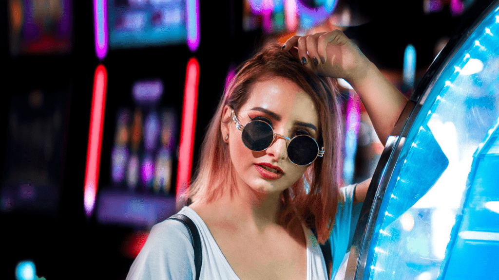 Woman standing in slot machine