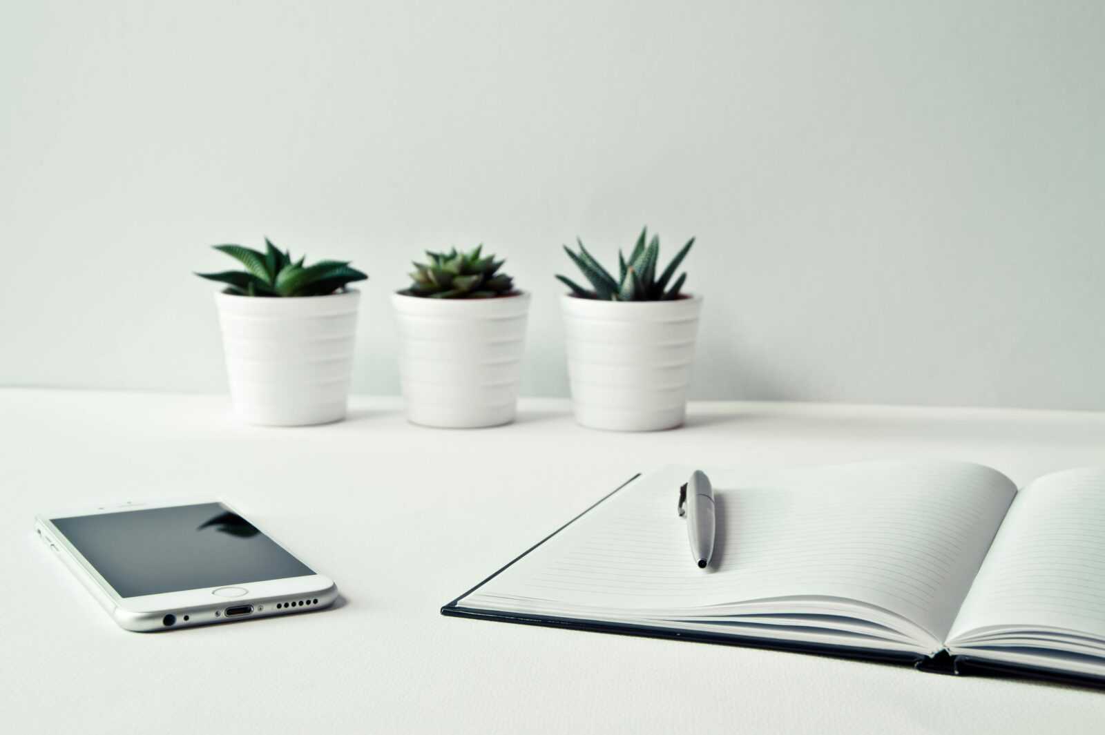 A clean, minimalist workspace featuring a smartphone, open notepad, pen, and potted succulents.